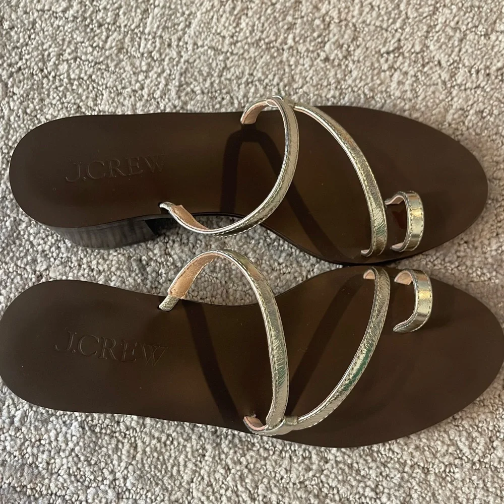 J. Crew Metallic and Brown Strappy Toe Ring Sandals, Stacked 2” Block Heel, 6